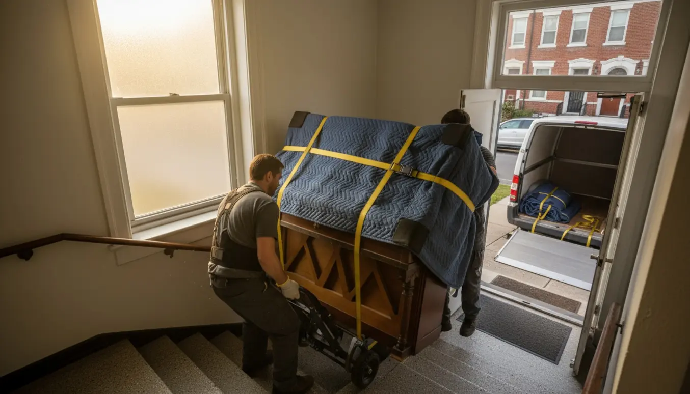 To flyttemænd bærer et indpakket opretstående klaver ned ad en trappe mod en flyttevogn parkeret foran et rækkehus.