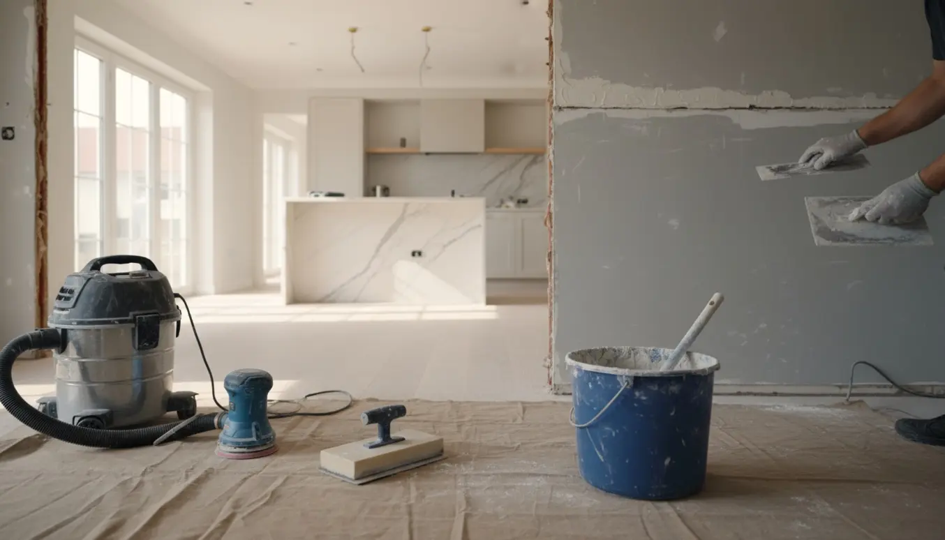 Hænder fylder mørtel i kanter og sliber overfladen efter fjernet skillevæg mellem køkken og stue.