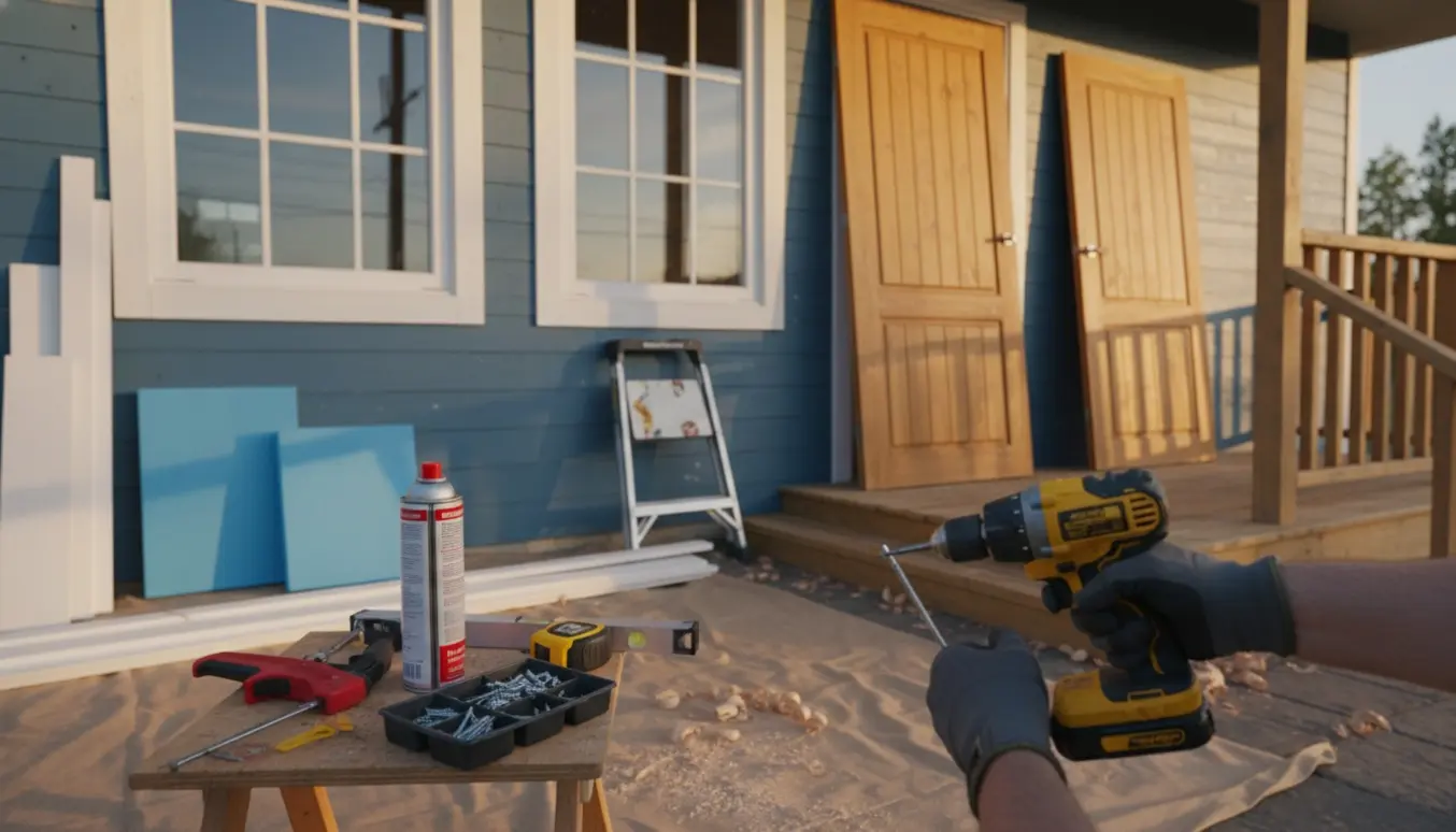 To nye døre og to vinduer installeres på husfacaden med håndværkeres hænder og værktøj i fokus.