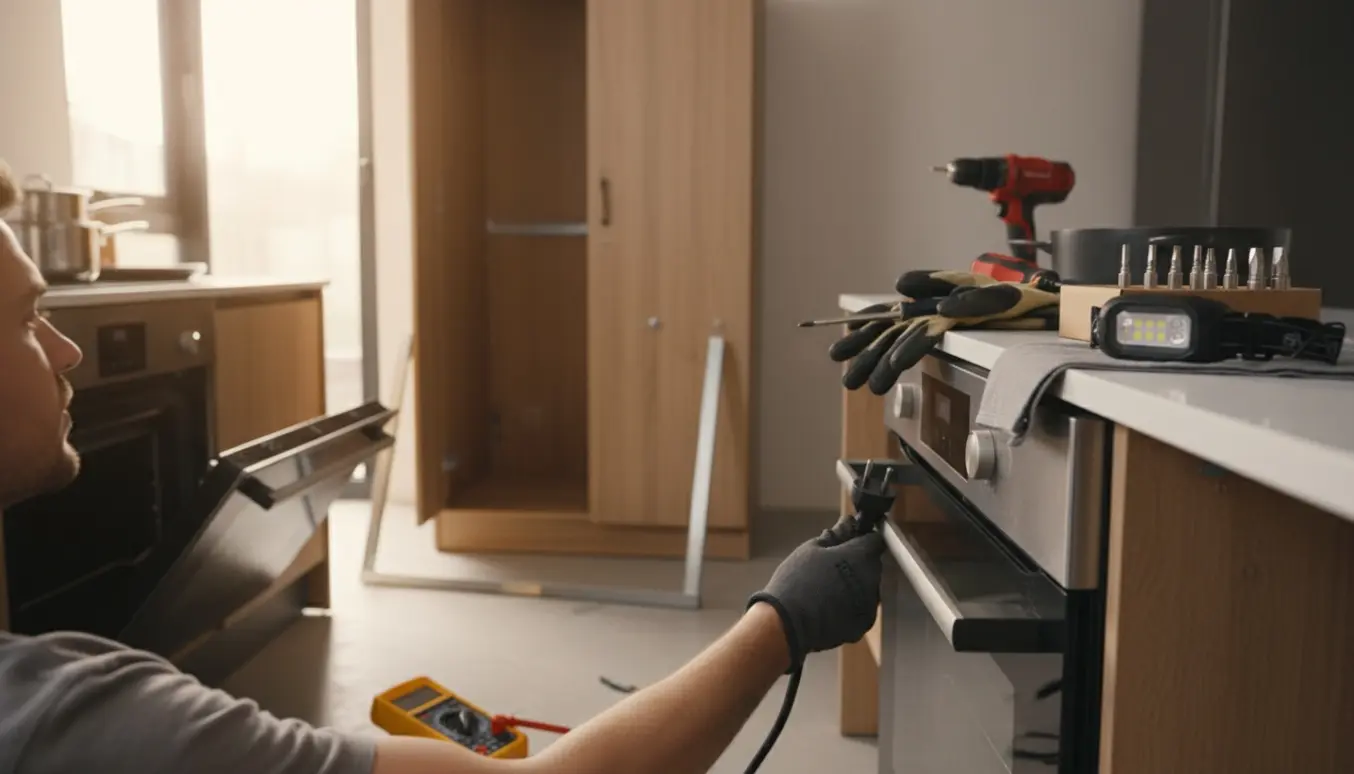 En hånd i handsker fører ovnens kabel mod en vægkontakt i et køkken, mens et klædeskab i baggrunden stabiliseres med skruer og et boreværktøj.