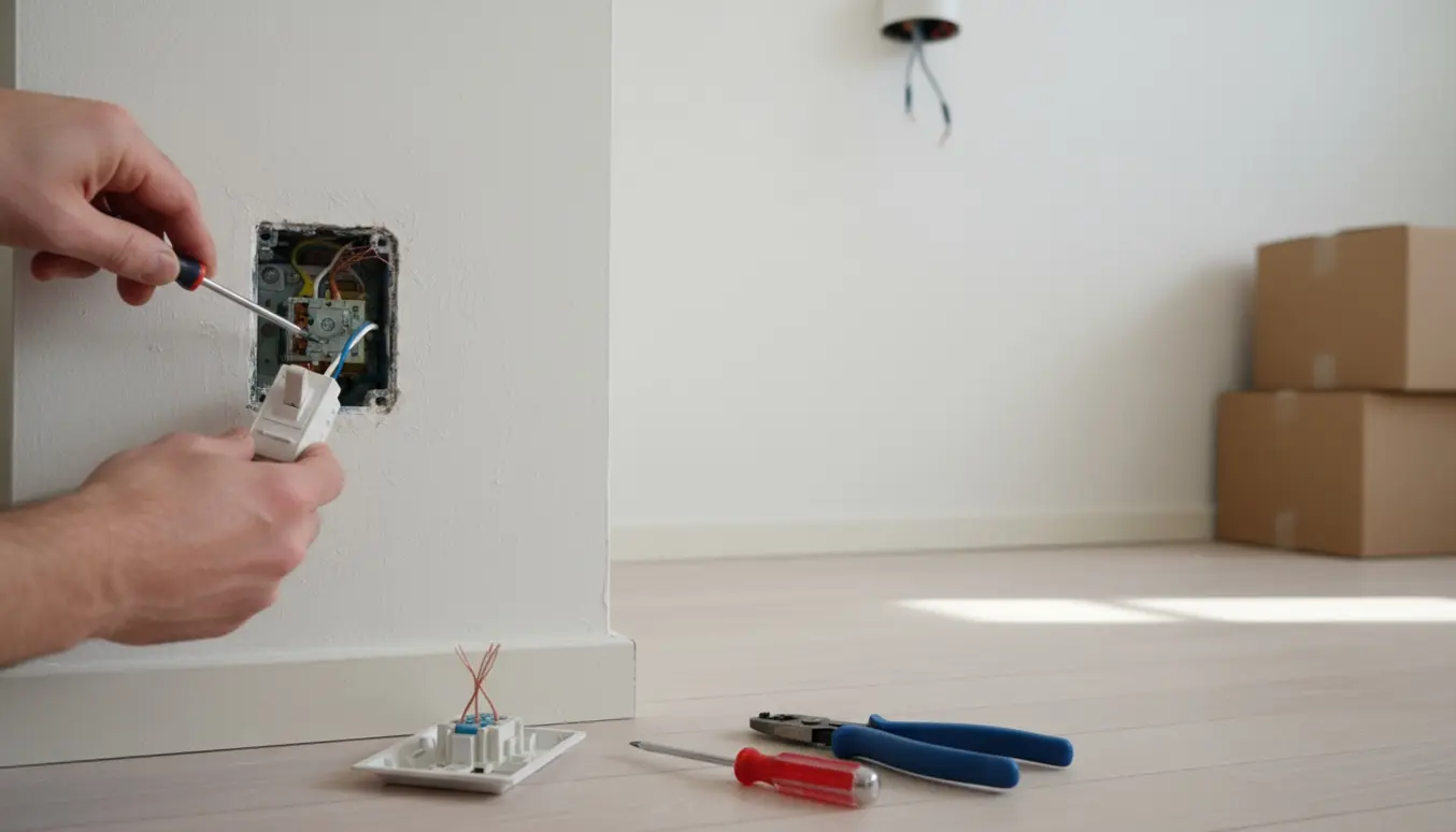Hænder udskifter en lysdæmper til en almindelig tænd/sluk-knap i en lys lejlighed med løse loftsledninger og flyttekasser i baggrunden.