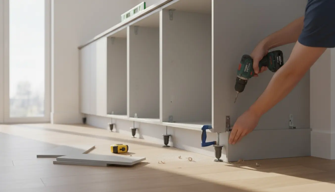 Hænder monterer fødder og sokkel på to høje køkkenskabe med boremaskine og vatretang.