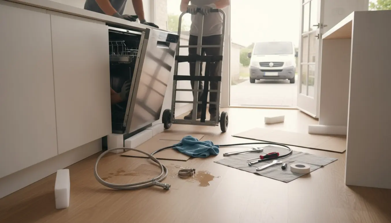 En opvaskemaskine trækkes ud af et køkkenskab og sættes på en dolly med værktøj og flytteudstyr omkring.