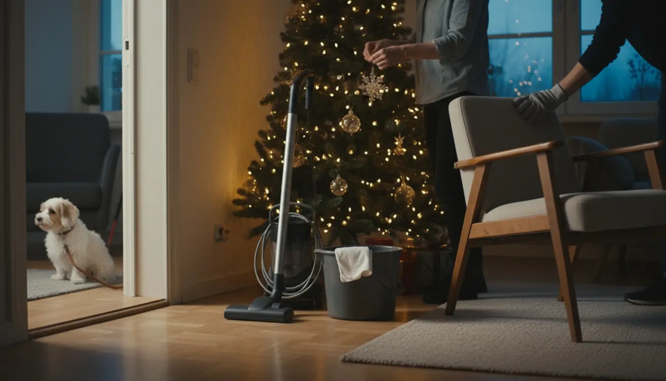 Hænder pynter et juletræ i en hyggelig stue om aftenen med rengøringsudstyr og en hund ved døren.