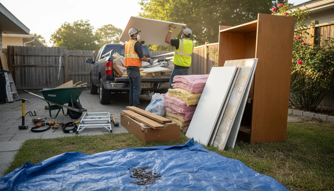 Stak af nedtaget bryggers og loftsplader i en baghave, klar til at blive læsset på en trailer.