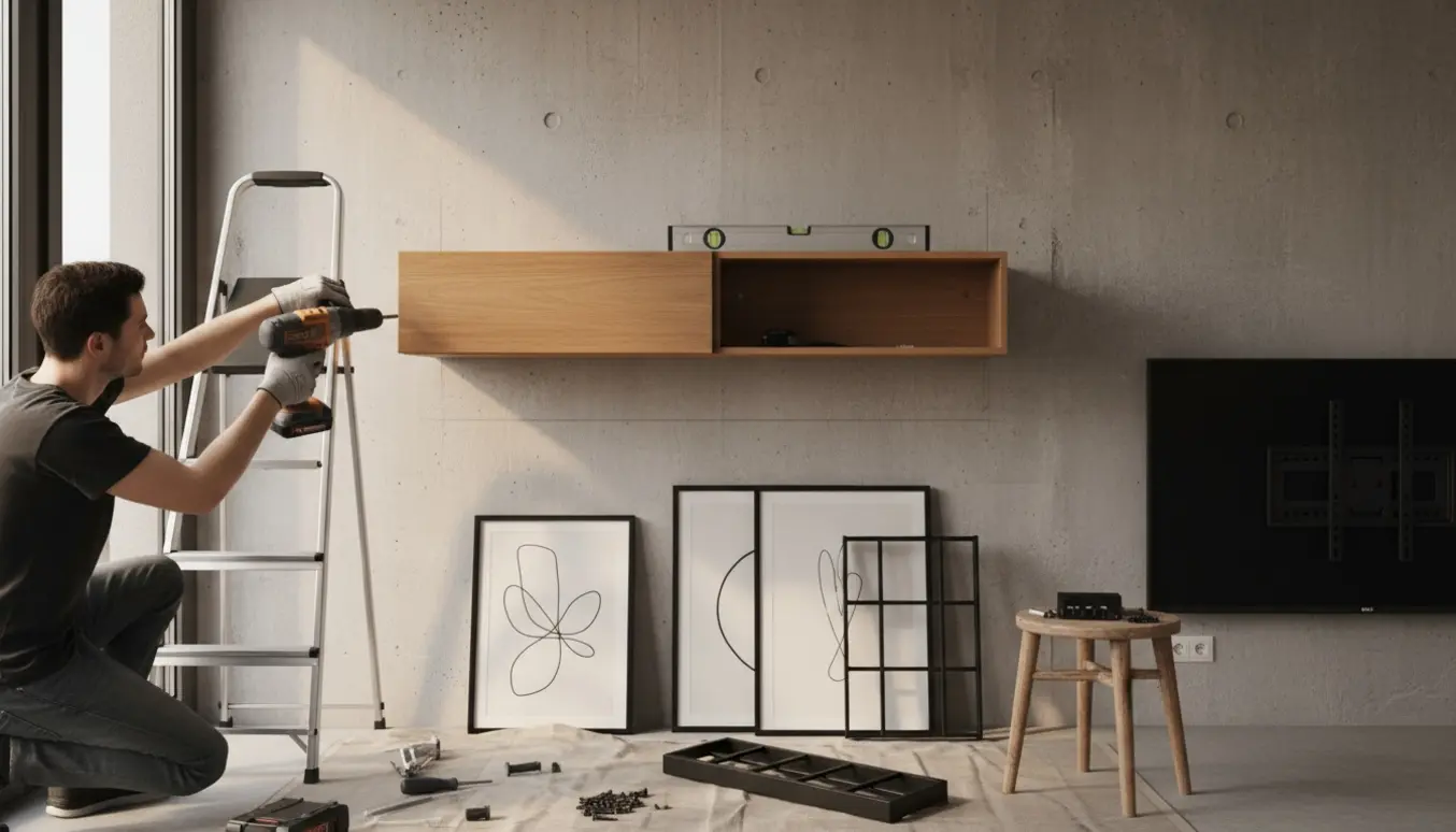 Hænder monterer reolmodul, to billeder og knagerække på en betonvæg i en lys entré.