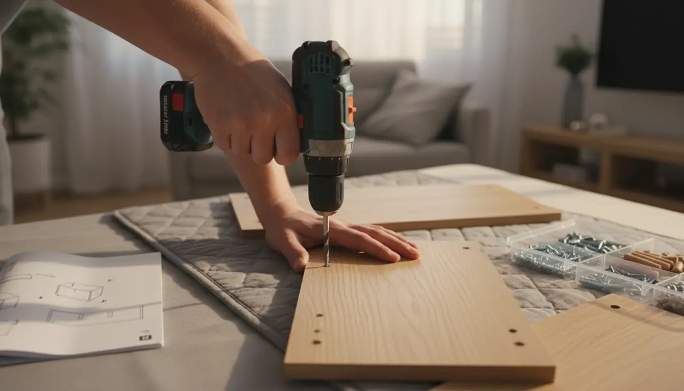 Hænder bruger en ledningsfri skruemaskine til at samle et Malibu-skab på et lyst bord.