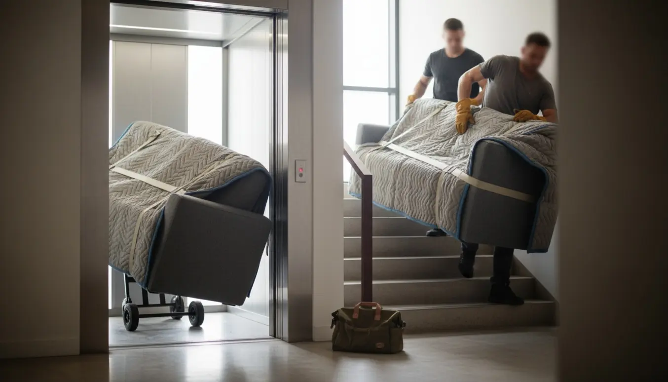 To sofa-halvdele pakket i flyttebetræk, den ene i en åben elevator og den anden bæres ad trappen af hjælpere uden synlige ansigter.