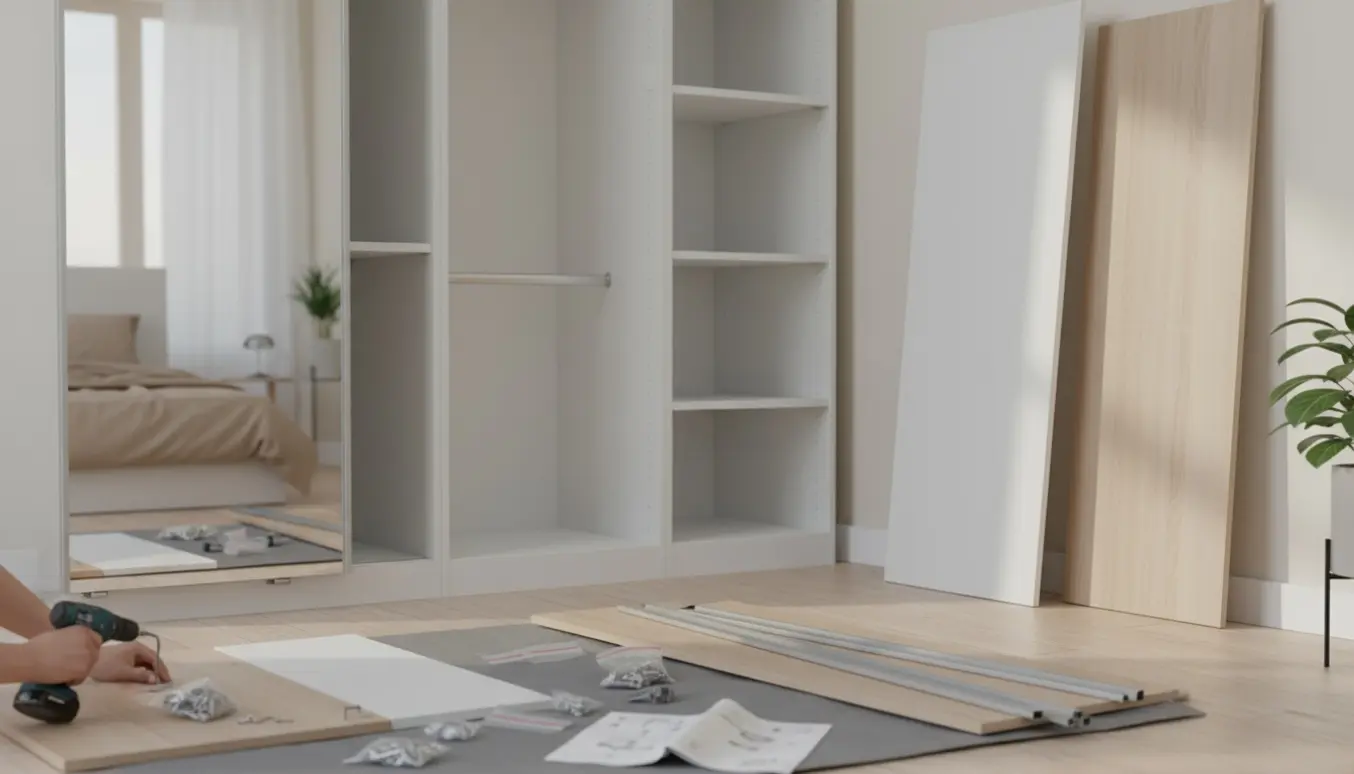 Partielt sammensat PAX-inspireret klædeskab med hænder, der monterer paneler og beslag i et lyst rum.