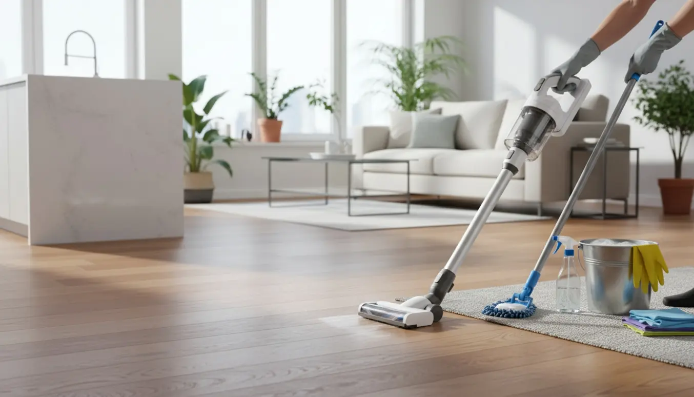 Gloveklædte hænder støvsuger et lyst, moderne åbenlejlighed med moppe, spand og rengøringsudstyr i forgrunden.