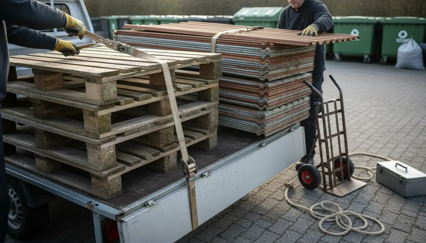 Åben trailer læsses med træpaller og tagplader i en indkørsel, hænder sikrer stropper uden tydelige ansigter.