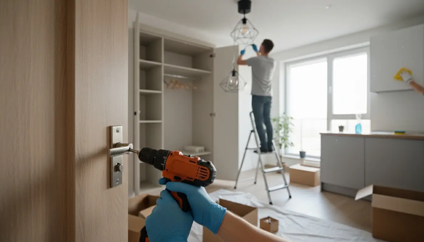 Hænder monterer dørhængsler og en loftslampe i en lejlighed med åbne skabe klar til rengøring.