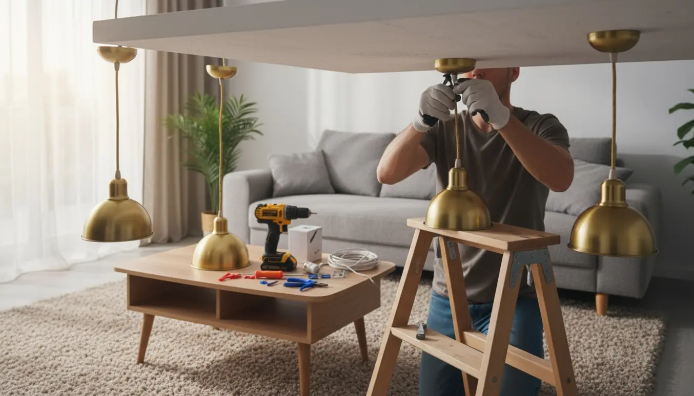 Hænder monterer en loftlampe på en stige i en lys, moderne stue med værktøj og to andre lamper synlige.