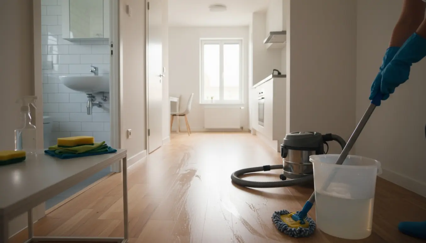 Slutrengøring i en lille lejlighed med moppe, støvsuger og rengøringsmidler, uden synligt ansigt.