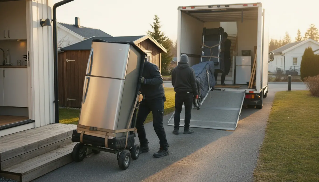 Flyttemænd bærer et amerikansk køleskab og et todelt løbebånd mod en flyttebil foran et hus, med flyttegeredskaber og en åben køkkendør hvor et gammelt køleskab sættes ind.