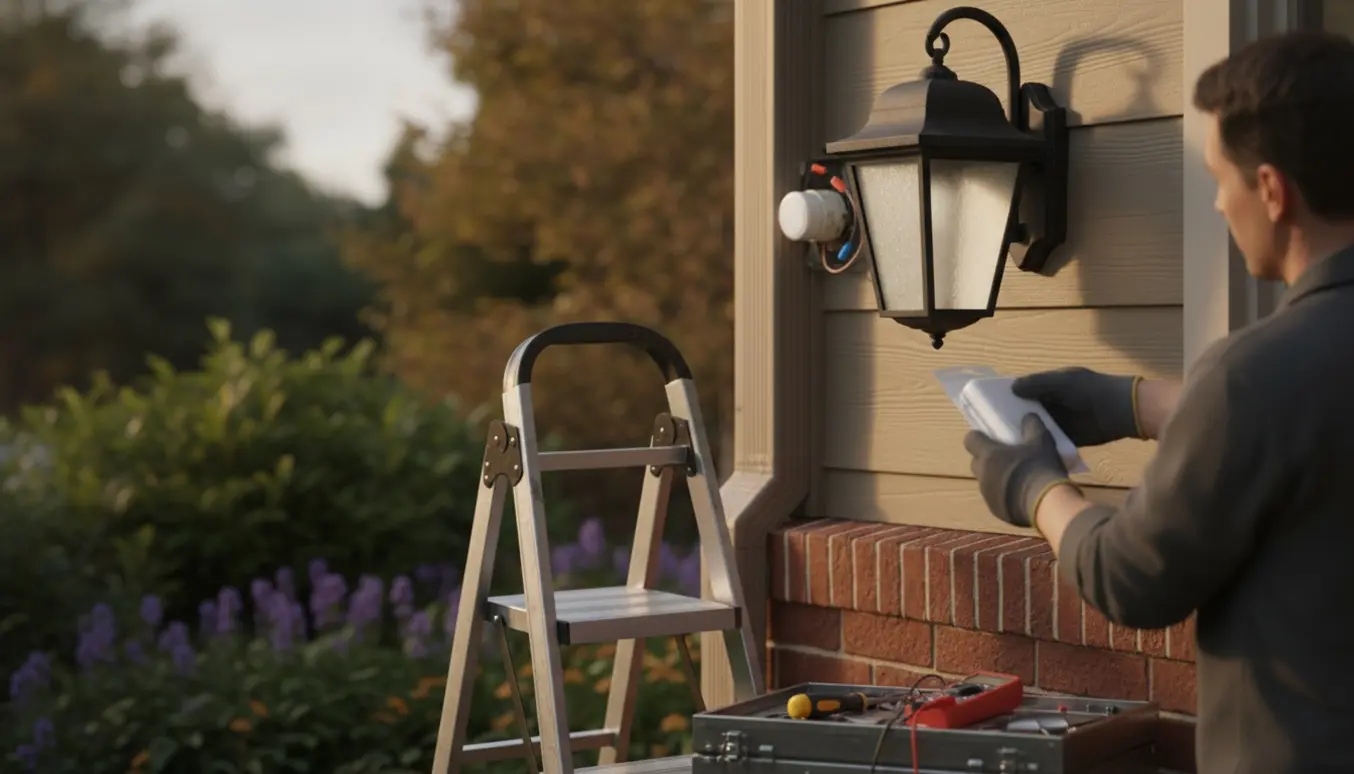 Hænder udskifter en udendørs lyssensor ved en væglanterne på en lille stige i skumringen.