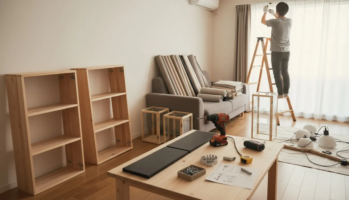 Håndværkere monterer reoler, gardiner og lamper i en lys stue med værktøj og materialer ordentligt samlet.
