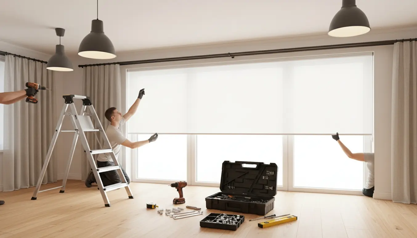 Montage af gardinstang, rullegardin og to loftlamper i en lys stue med værktøj og hænder i fokus.
