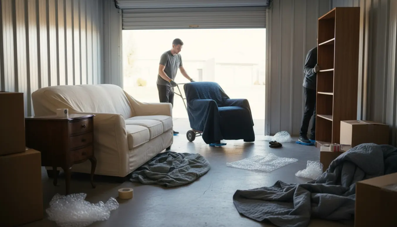 Ommøblering i et selvopbevaringsrum med flyttekasser og møbler, der flyttes fra bagenden til forgrunden.