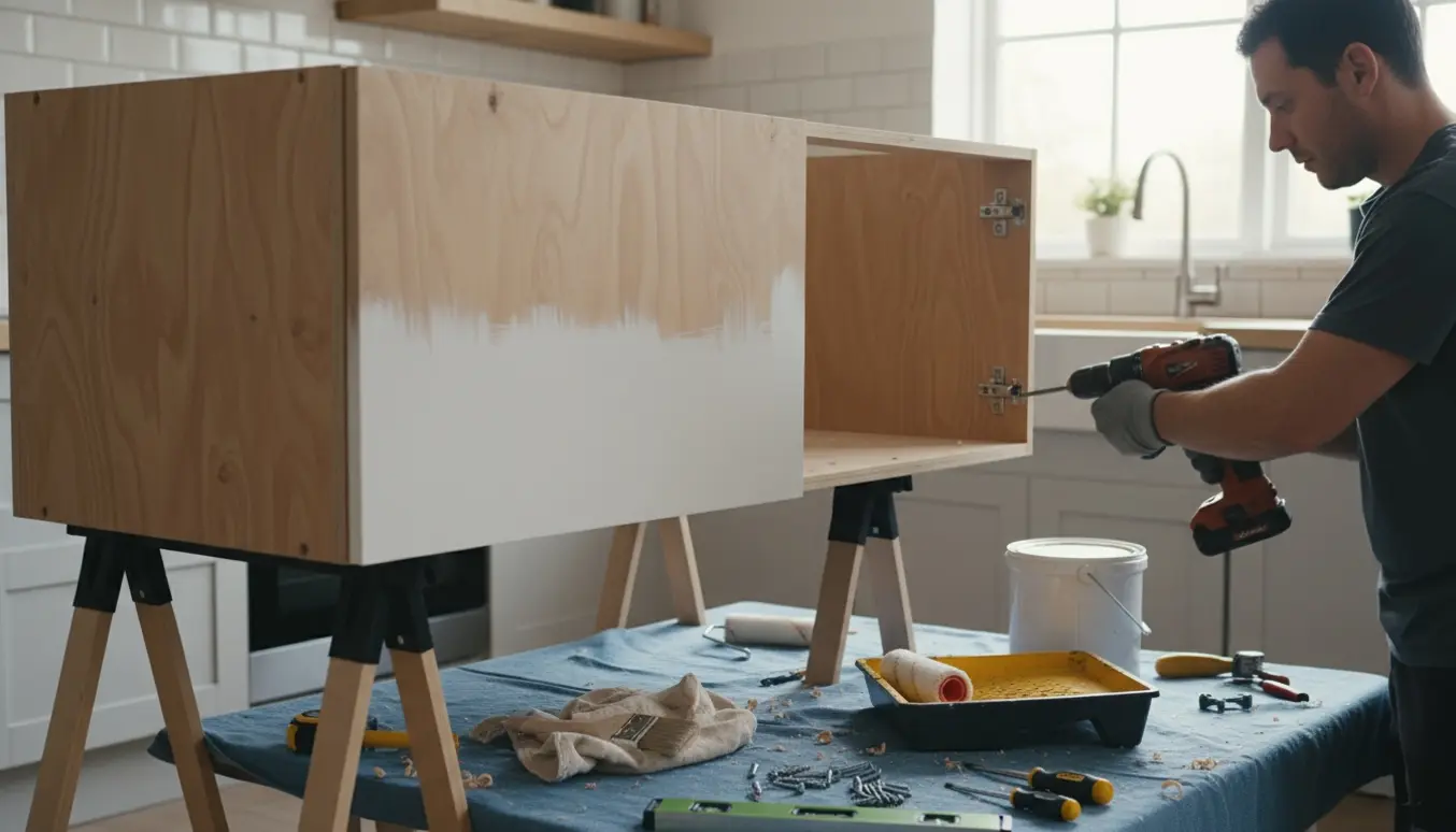 Håndværker samler og maler et skab i et lyst hjem med værktøj spredt omkring.