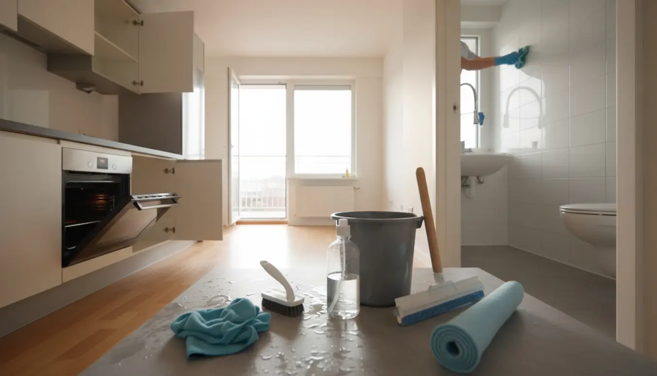 Soloplyst lejlighed under grundig fraflytningsrengøring med rengøringsmidler, glinsende overflader og handsker i arbejde.
