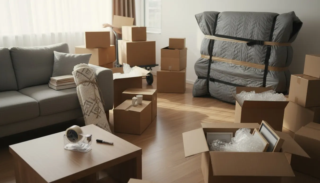 Lyst stuemiljø med cirka 20 flyttekasser, et rullet tæppe og en stor TV-bænk pakket og klar til flytning.