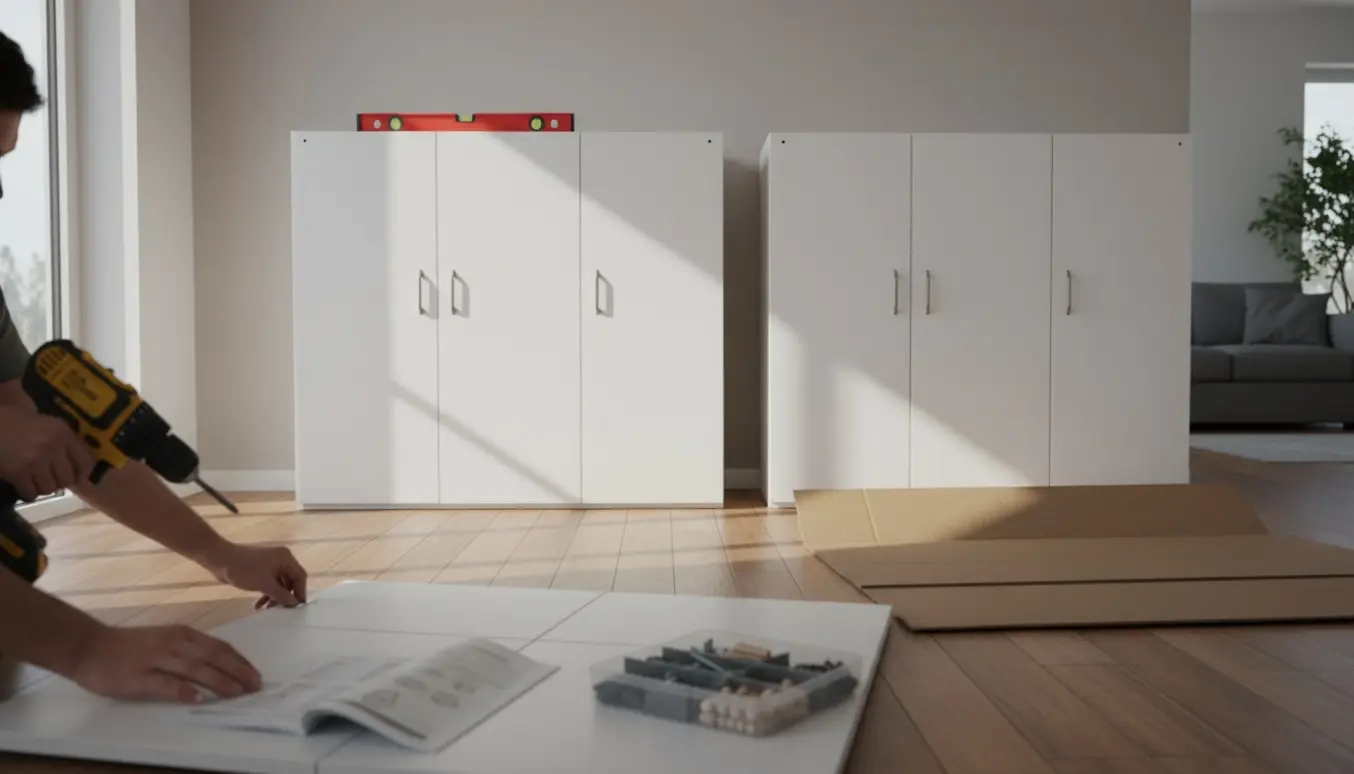 To hvide Brimnes-lignende skabe samles side om side i et lyst rum med værktøj og dele spredt omkring.