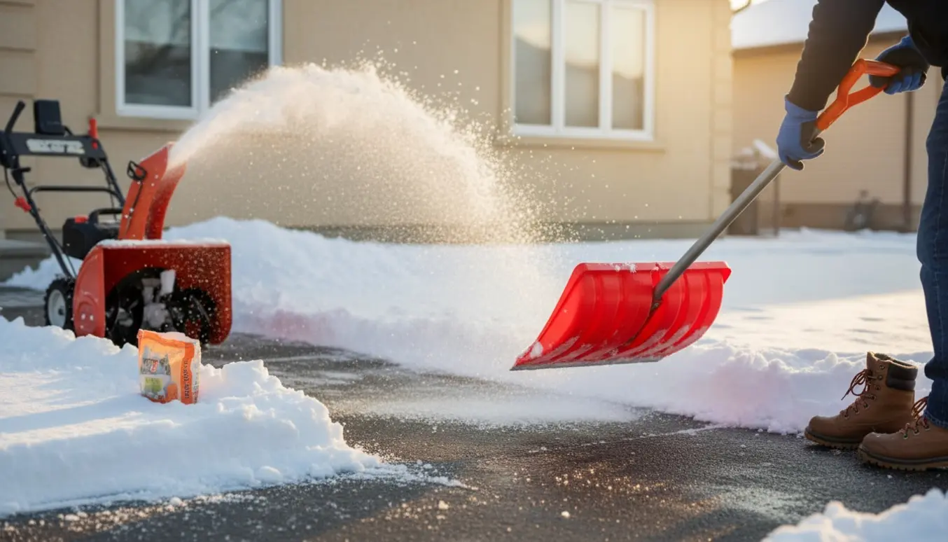 Person rydder sne fra indkørsel ved privat hus med skovl og snerydningsmaskine.