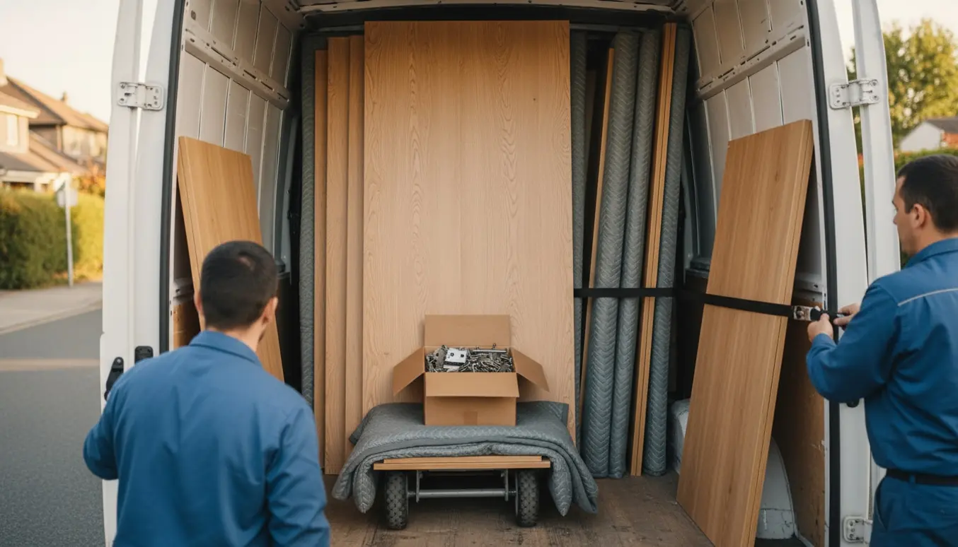 Afmonterede skabspaneler og døre læsses i en flyttebil af to flyttemænd med tæpper og stropper.