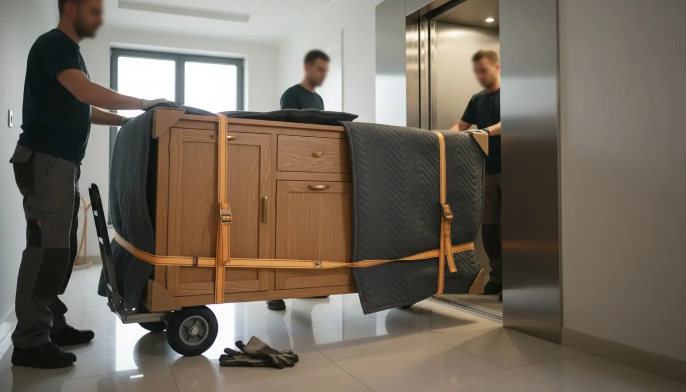 To personer bærer en 2 meter træskænk ind i en lejlighedselevator, pakket ind i flyttetæpper og sikret med remme.