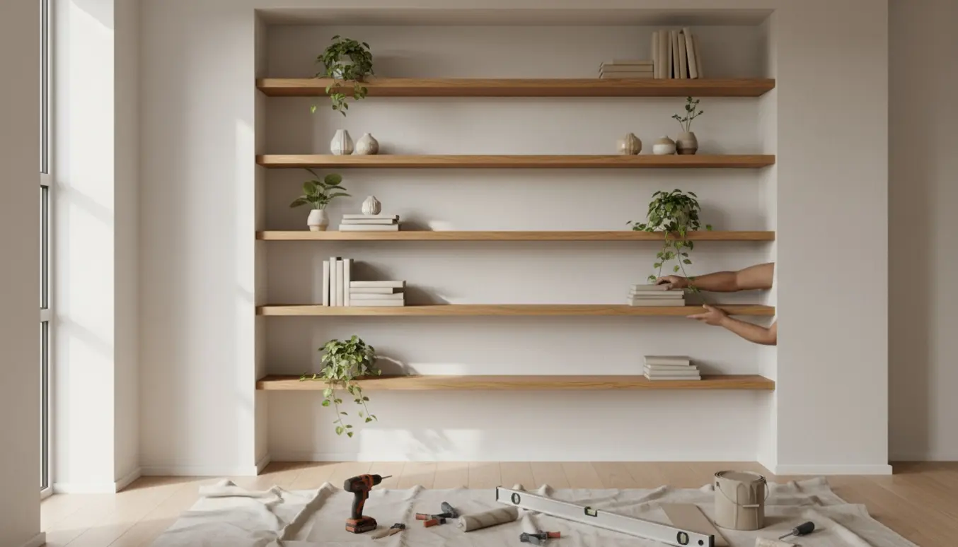 Svævehylder i et stueindhak med værktøj og malergrej klar til montering.