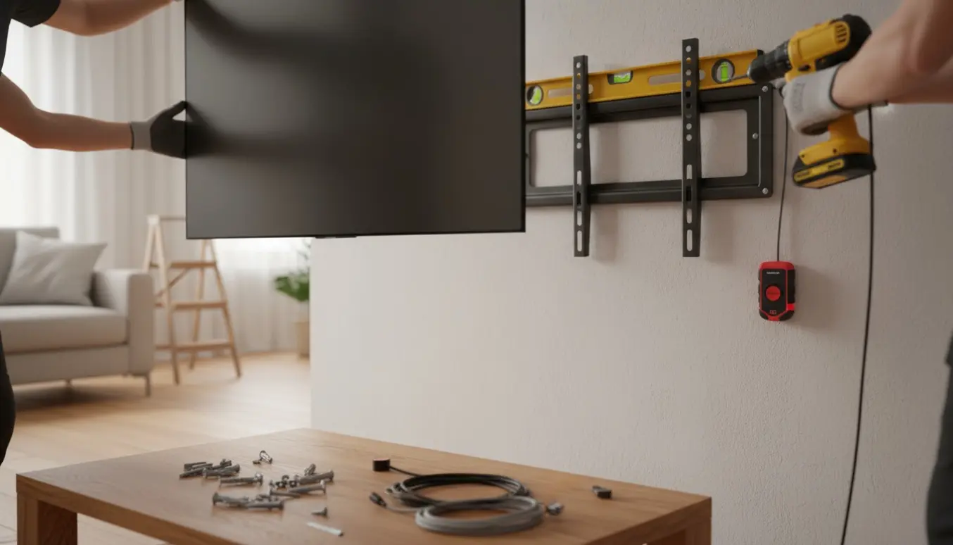 Hænder monterer et fladskærms-tv på en væg i en lys, moderne stue.