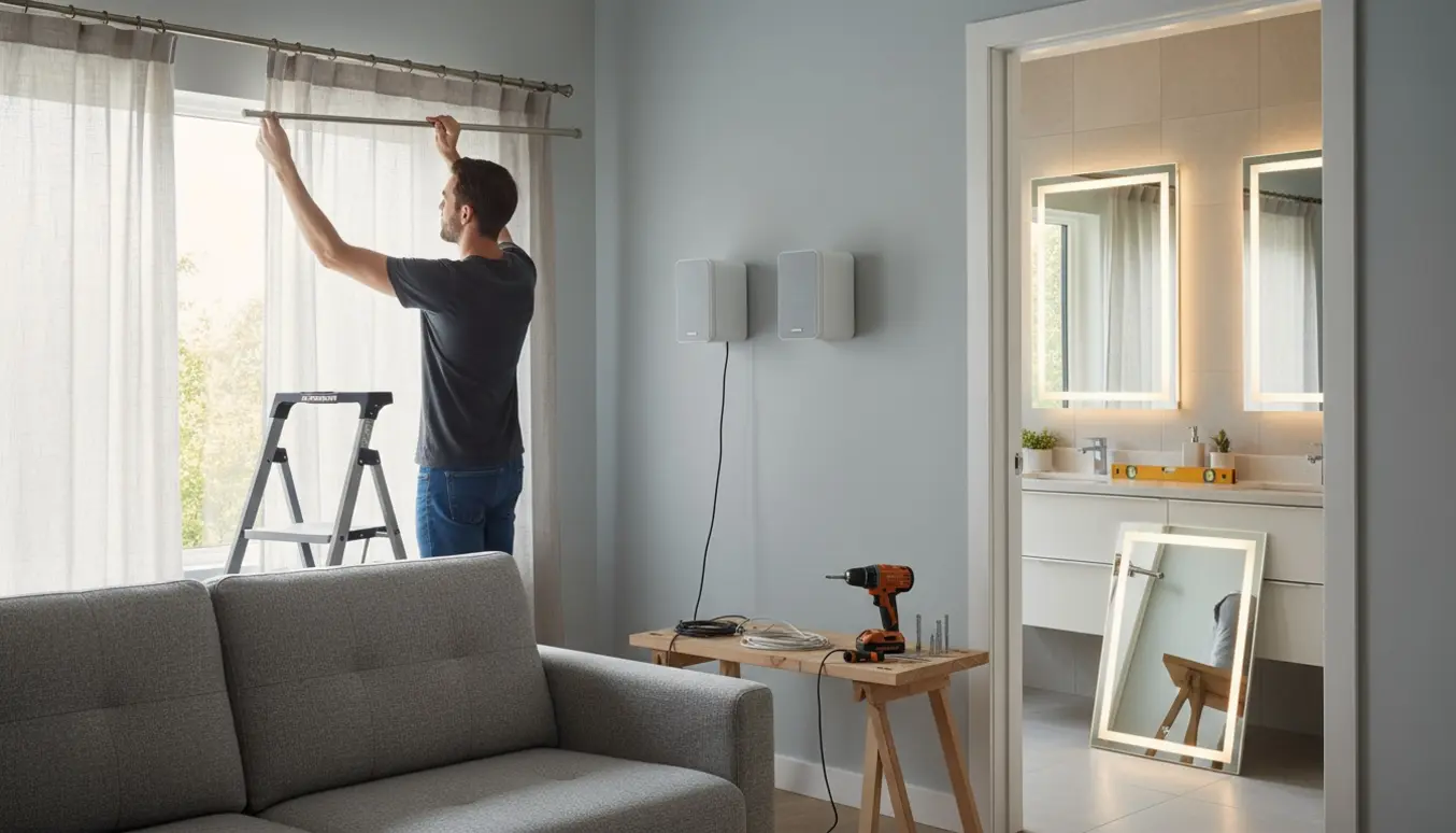 Håndværker hænger elektriske spejle i badeværelset, monterer gardin og tilslutter væghøjtalere i stuen.