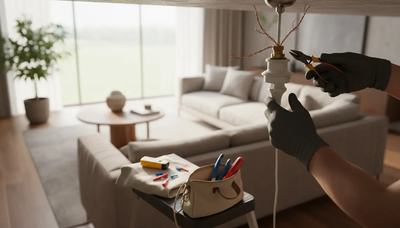 Elektriker arbejder med en åben loftfatning i en stue, kun hænder og værktøj er synlige.