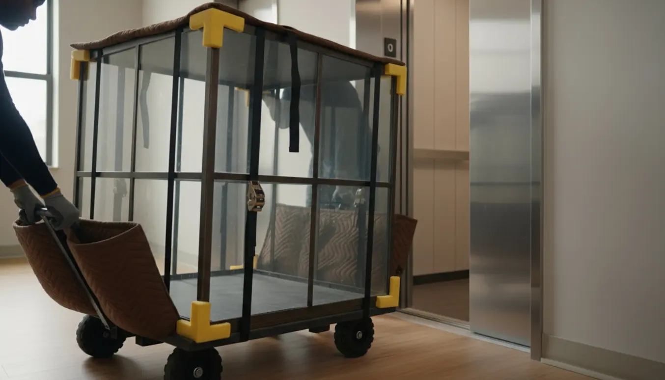 To flyttere fører et tungt jern- og glasskab ind i en elevator med dolly og beskyttelse.