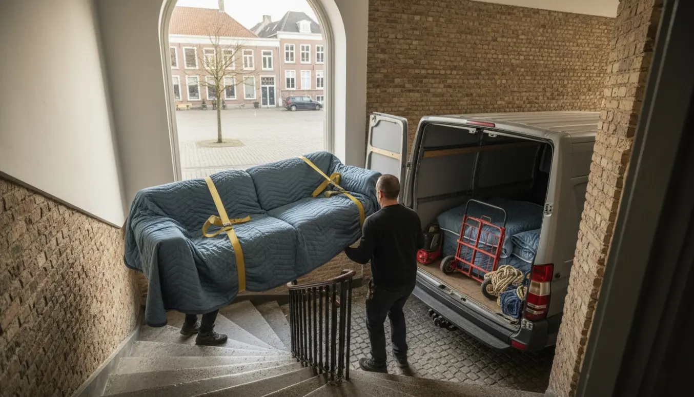 To flyttefolk bærer en stor sofa og en puf ned fra en tredje sals lejlighed mod en varevogn ved et bytorv.