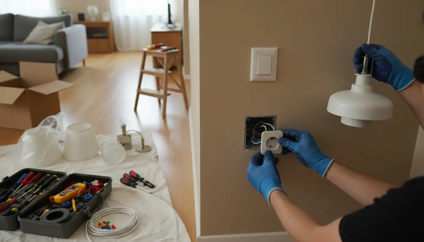 Hænder i handsker monterer en pendel og en stikkontakt under en afbryder i et hjem.