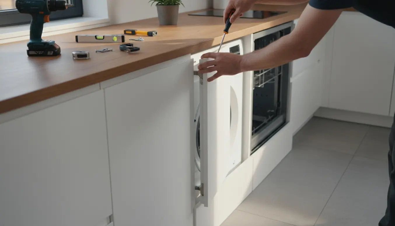 Hænder monterer indbygningslåge på vaskemaskine og fastgør fodliste under vaskemaskine og opvaskemaskine i et lyst, moderne rum.