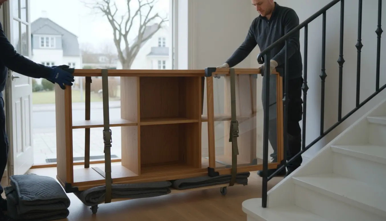 Glaskab med aftagne låger og hylder på dolly, båret ind gennem en lys opgang med flyttetæpper og stropper.