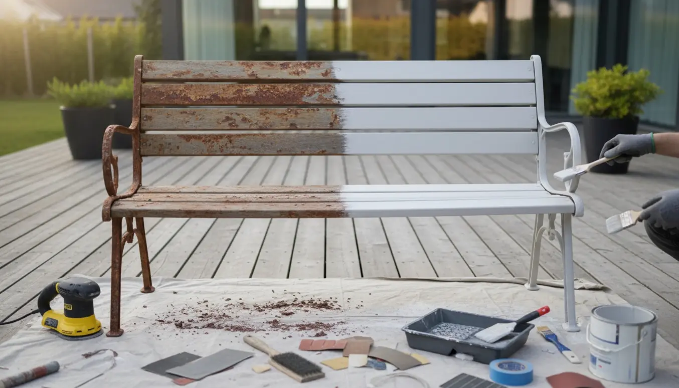 Havebænk i jern med træplade under restaurering med slibeværktøj og råhvid maling i en moderne have.