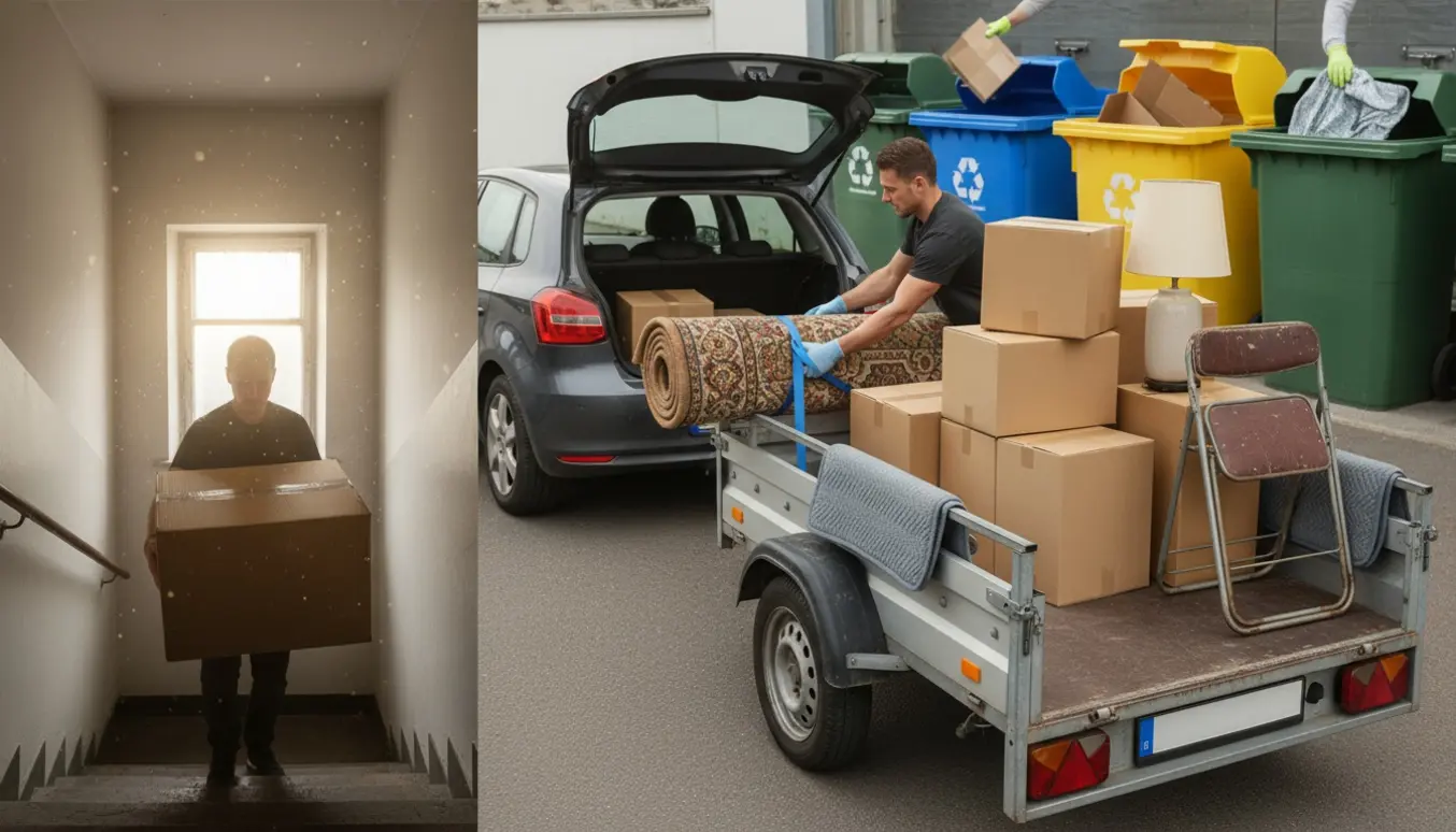 Personer bærer kasser ned ad bagtrappen og læsser dem på bil med trailer ved en genbrugsplads.