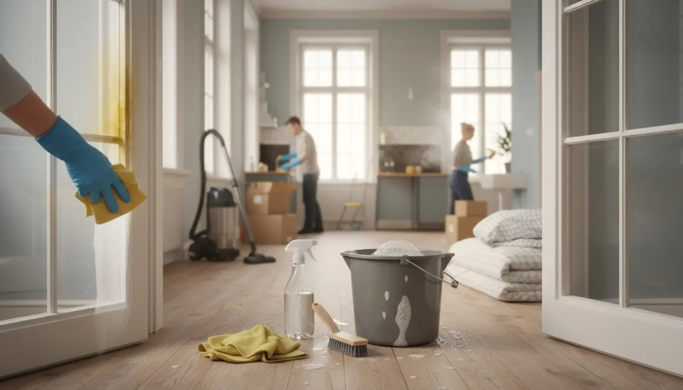 Tom fireværelses lejlighed under flytterengøring med handsker, spand, klud og støvsuger til fjernelse af nikotinpletter og snavs.