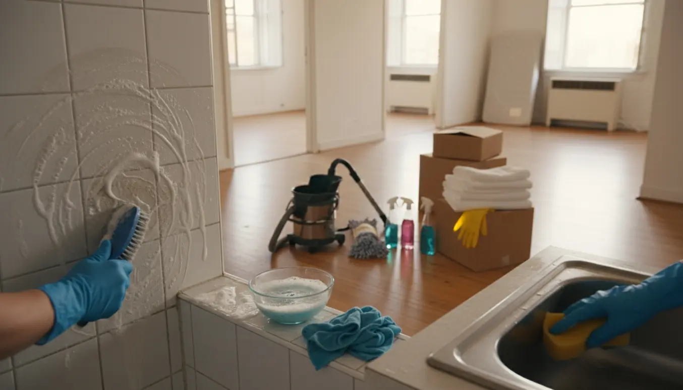 Flytterengøring i tom lejlighed med handsker, skrubbe børste på badeværelsesfliser og flyttekasser i baggrunden.