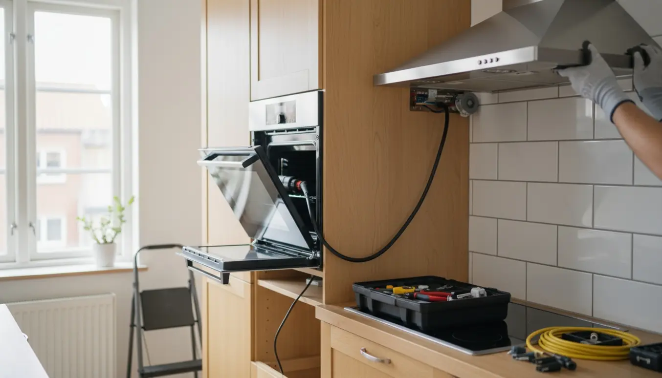 Elektriker tilslutter indbygget ovn i højskab og monterer emhætte i et moderne køkken.