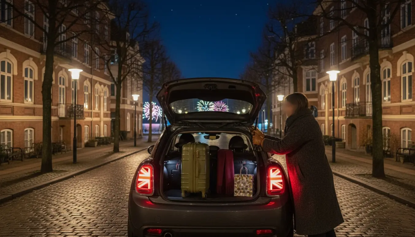 En pakket bil holder på en stille Frederiksberg-gade ved midnat, klar til tur mod kysten med svage nytårsfyrværkerier i horisonten.