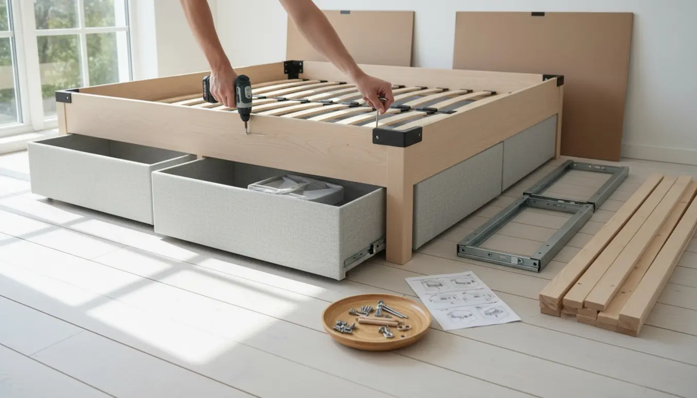 Hænder samler en 160x200 seng med fire skuffer i et lyst, skandinavisk soveværelse.