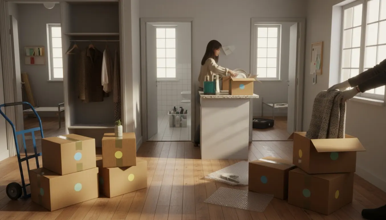 Solbelyst lejlighed under oprydning med stabler af flyttekasser og pakket køkken.