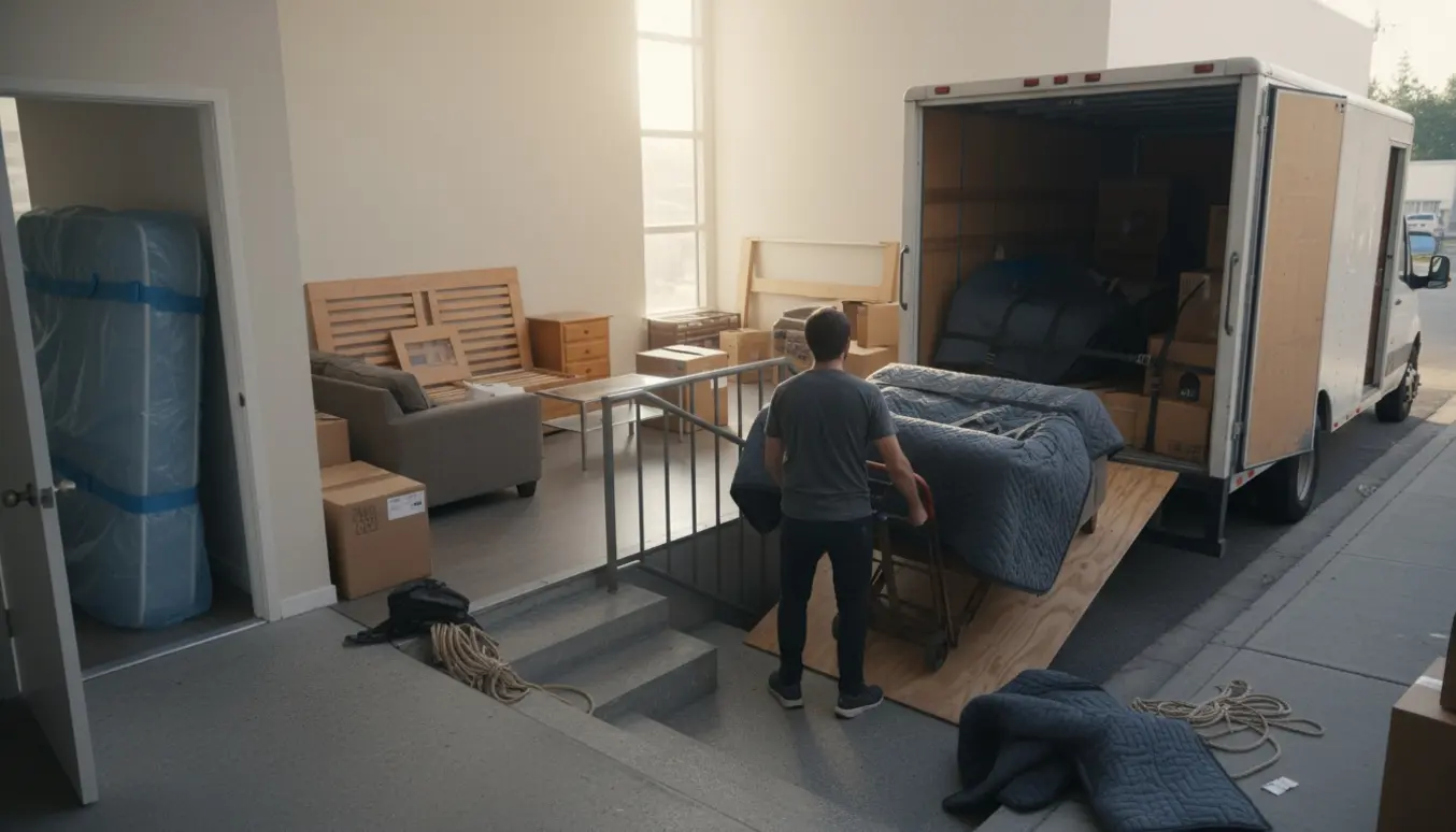 Møbler bæres ned ad trappe fra 5. sal og læsses i en åben lejet varevogn.