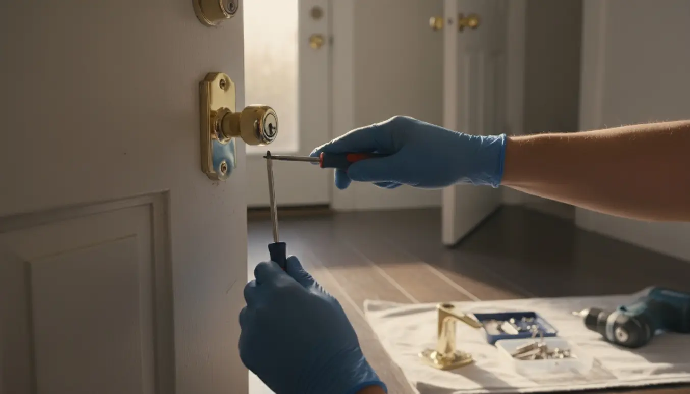 Nærbillede af et løst dørhåndtag, hvor hænder bruger en skruetrækker og reservedele ligger klar.