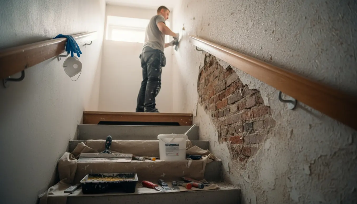 Håndværker fjerner savsmuldstapet i en kældernedgang med spartel og spartelmasse.